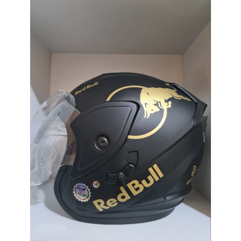 Jual HELM HALF FACE DEWASA GHM, REVO REDBULL MOTIF DOUBLE VISOR, SNI