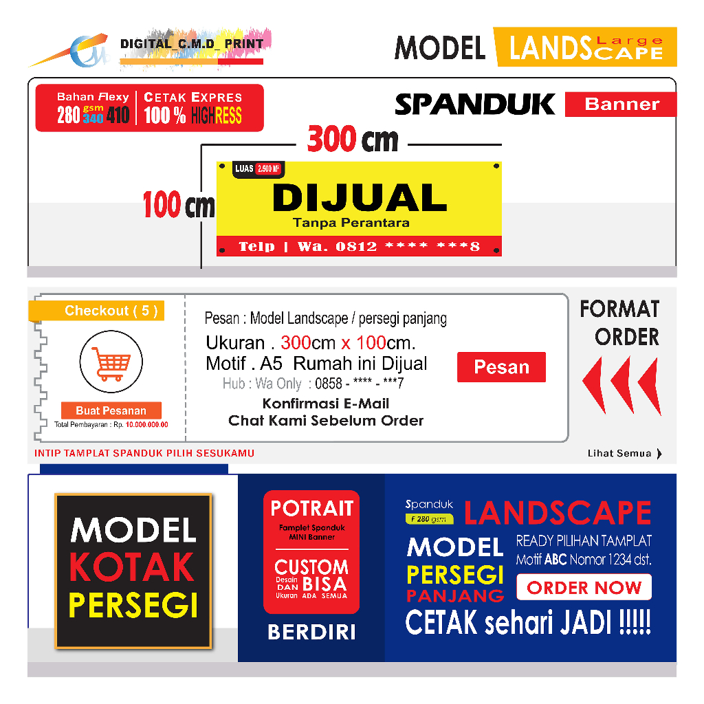 Jual Spanduk Murah Pamflet Banner Dijual / Dikontrakkan, Size 300cm X ...