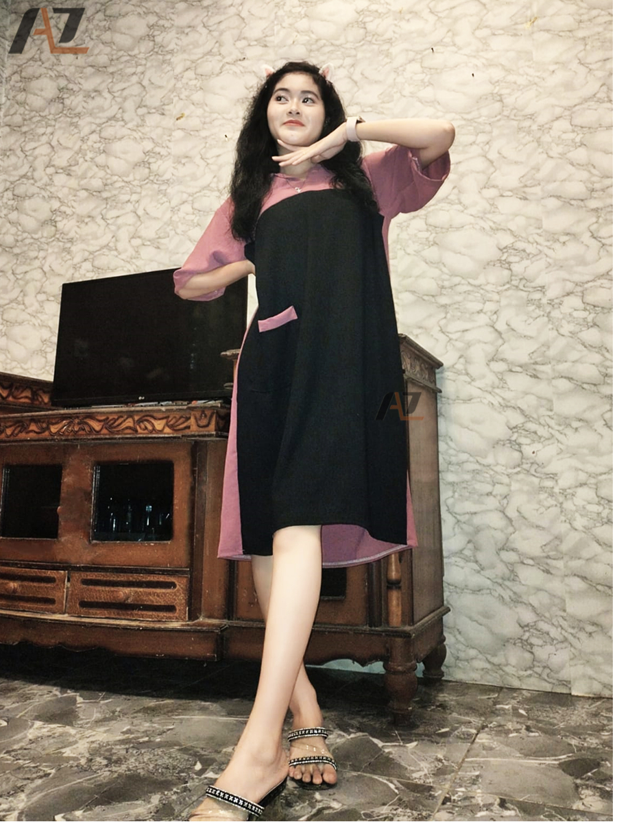 Jual Syarla Dress Wanita Santai Rumahan Kerah Aksen Saku Depan / Baju