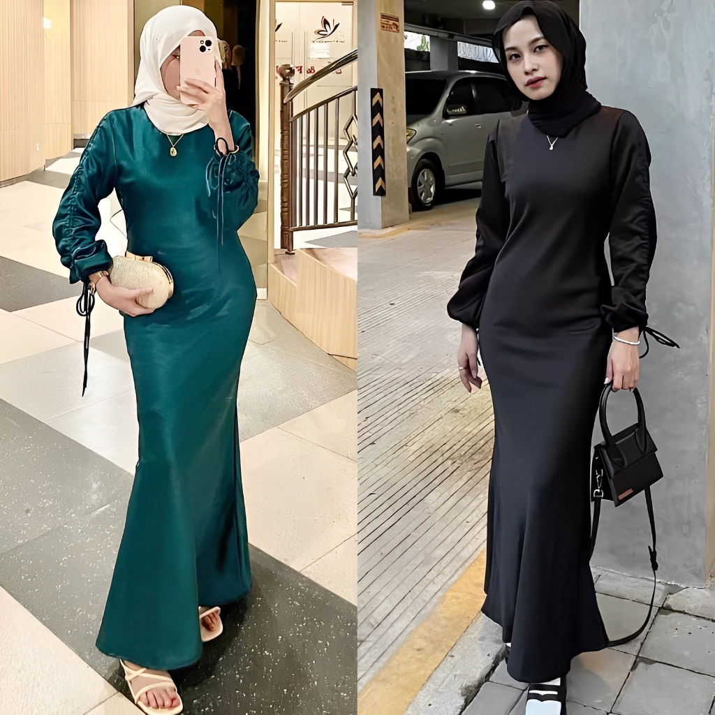 Jual Darla Dress Maxy Silk Satin Gamis Serut Lemgan Premium Dress Polos