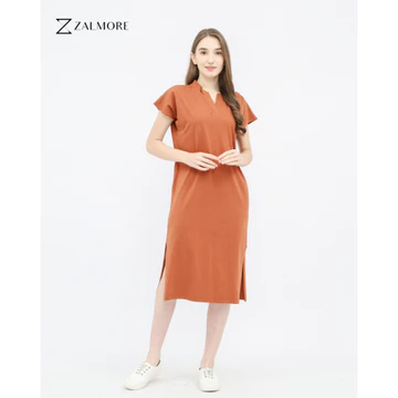 Zalmore Vneck Loose Midi Dress With Slit LUMA Cotton™ Premium Dress Wanita Lembut Ringan Sejuk