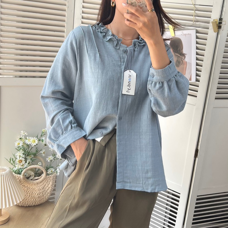 Kemeja Lengan Panjang Double Ruffle Abs 01 White Blue