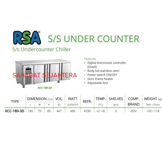 Jual RSA Stainless Steel Undercounter Chiller XCC-180-3D Chiller ...