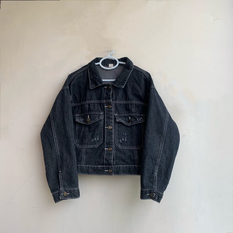 Jual Jacket Jeans Crop Hitam Benang Putih Wanita Jacket Jeans Crop