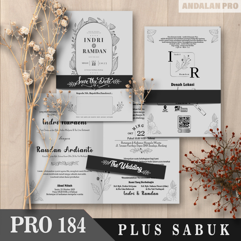 Jual Pro Grayscale Hitam Putih Cetak Undangan Pernikahan Plus Sabuk Kertas Jasmine Bc