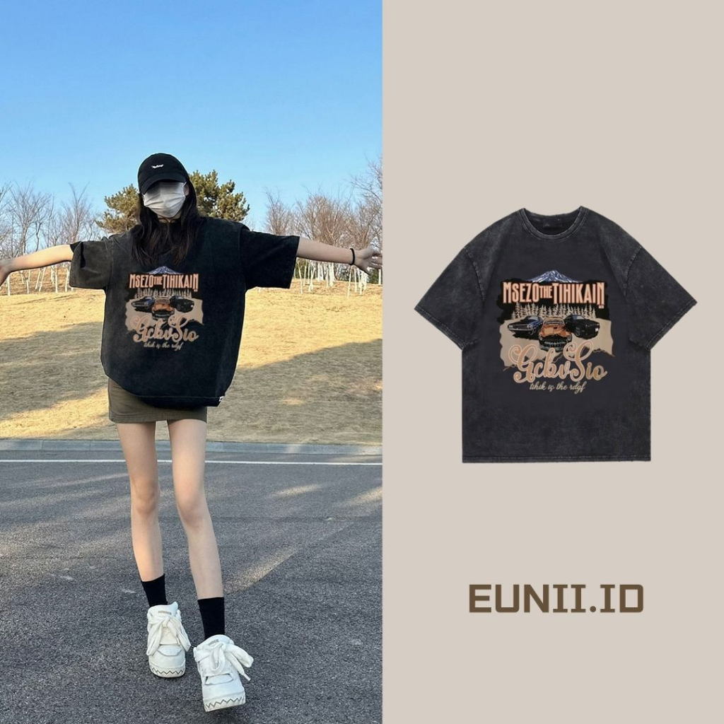 Jual Eunii T Shirt Lengan Pendek Black Washed Vintage Car Printing Korean Style Kaos Atasan