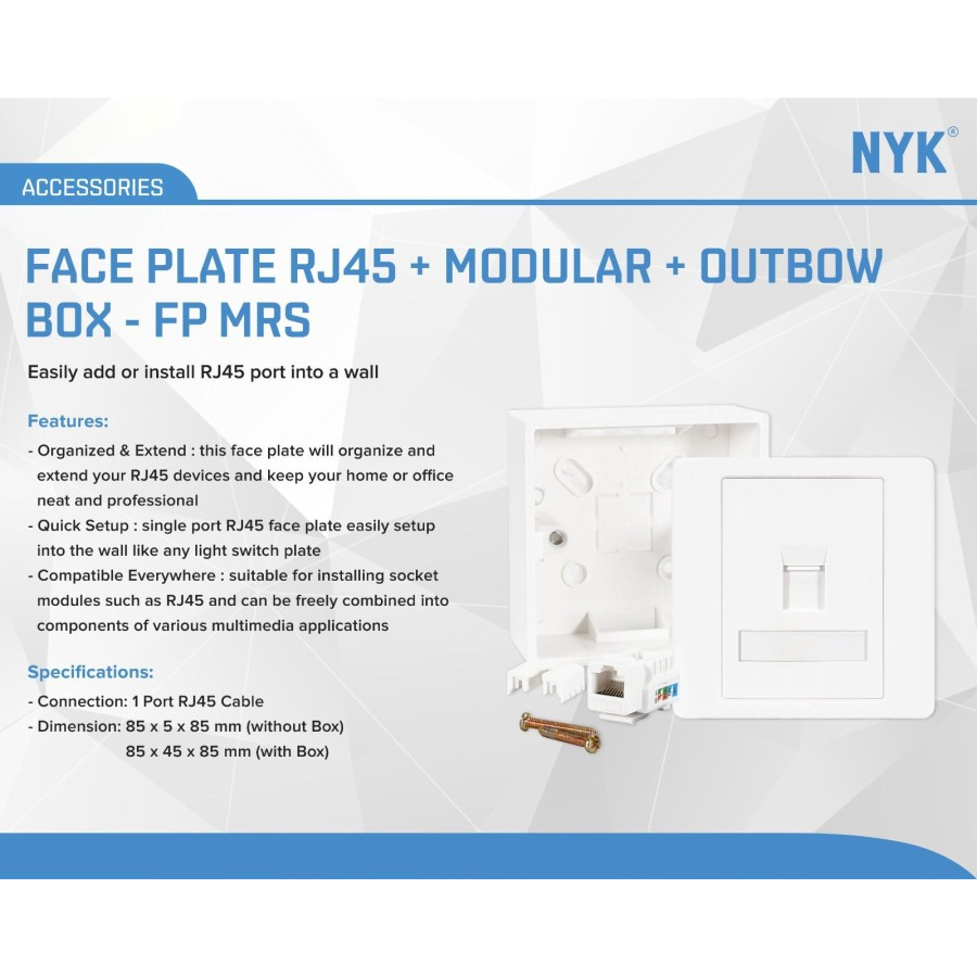 Jual NYK Wall Face Plate Lan RJ45 1Port Modular + Outbow Box ...