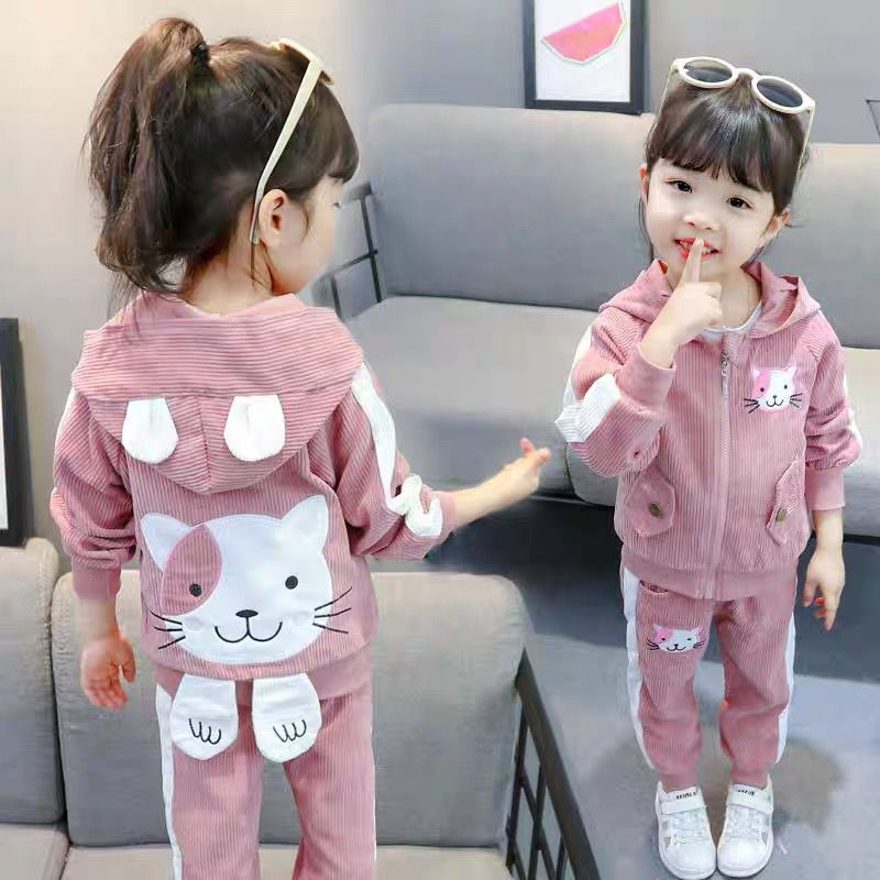 Setelan Terlucu Baby Anak perempuan berkupluk dan bergambar kucing import premium