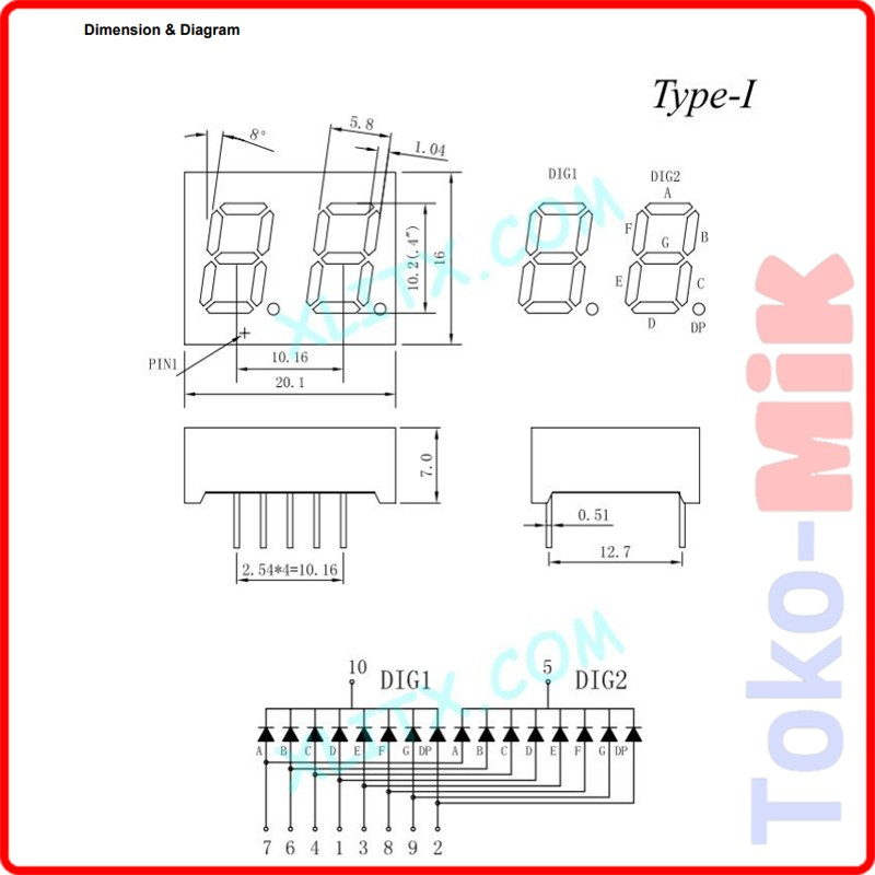 Jual 7 SEGMEN SEVEN SEGMENT LED DISPLAY 2 DIGIT COMMON CATHODE 0.4 IN ...