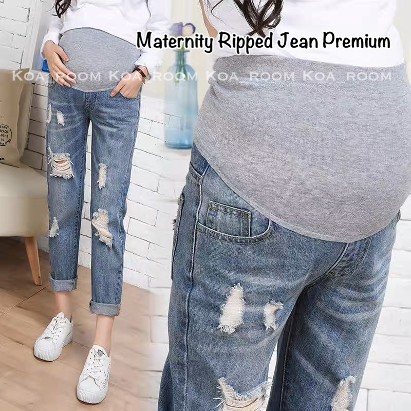 Jual PREMIUM Maternity Ripped Jeans ( Celana Hamil Jeans Robek Premium