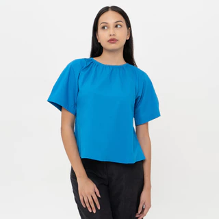 M231 Kemeja Wanita Blouse Katun Gather Cap Sleeve Pendek Biru 2914C
