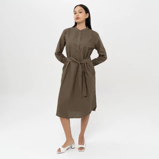 M231 Dress Kemeja Wanita Rami Ikat Pinggang Panjang Army 2784B