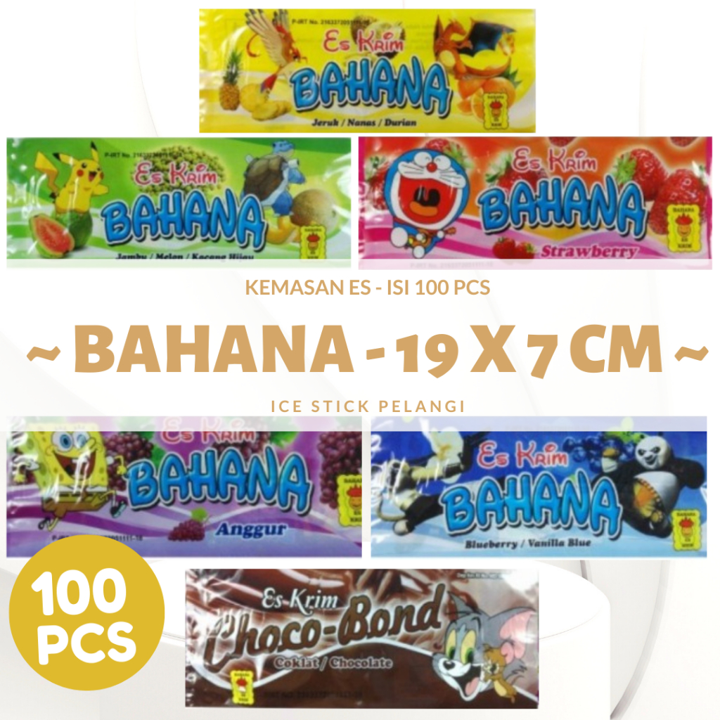 Jual BAHANA Kemasan Es Krim Stik Buah Buahan Plastik Sablon Custom