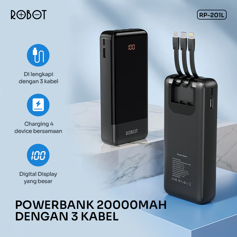 Powerbank ROBOT 20000mAH RP-201L 2.1A Dengan 3 Kabel Type C Lightning Micro