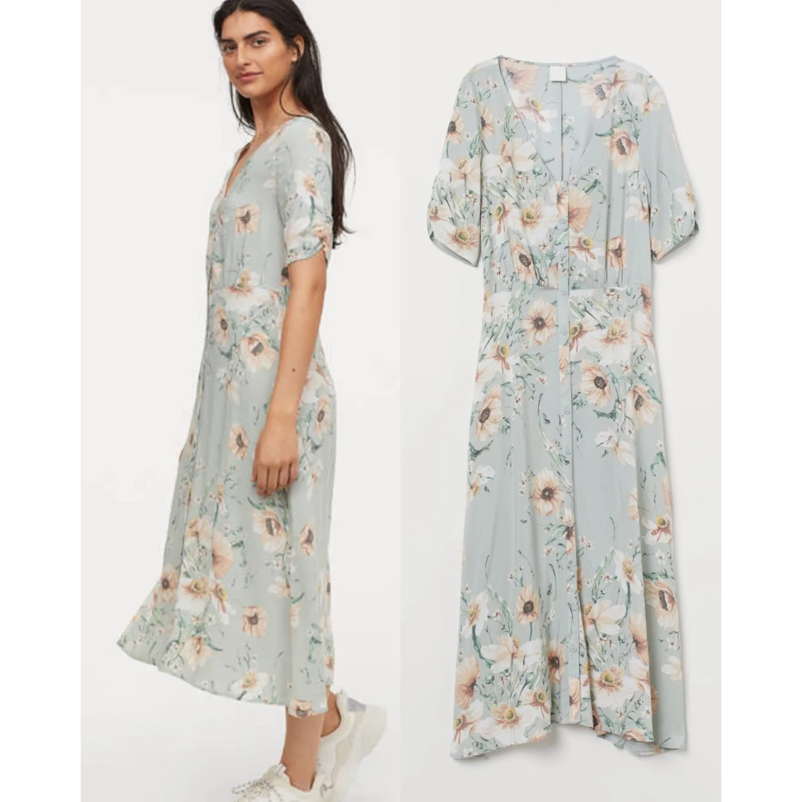 Jual Midi Dress HM Adem Bunga Floral Dress Light Green Floral Midi