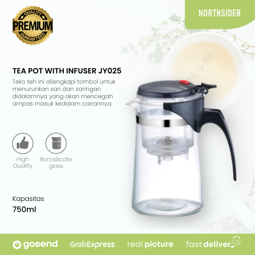 Jual Tea infuser pot 750ml push button Teko teh saringan kaca JY025