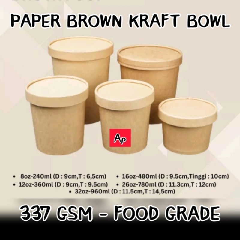 Jual [ 10 PCS ] Paper Bowl + Lid Kraft Paper Food Grade - 12 Oz ...