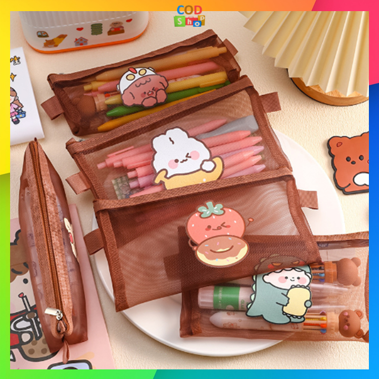 Jual COD - S5776 Tempat Pensil Zipper Coklat Motif / Tempat pensil