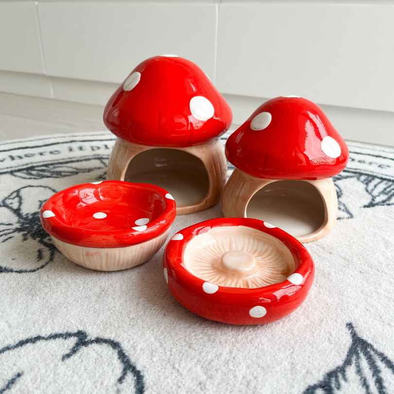 Mushroom Ceramic Hamster Hideout, Water Bottle With Stand