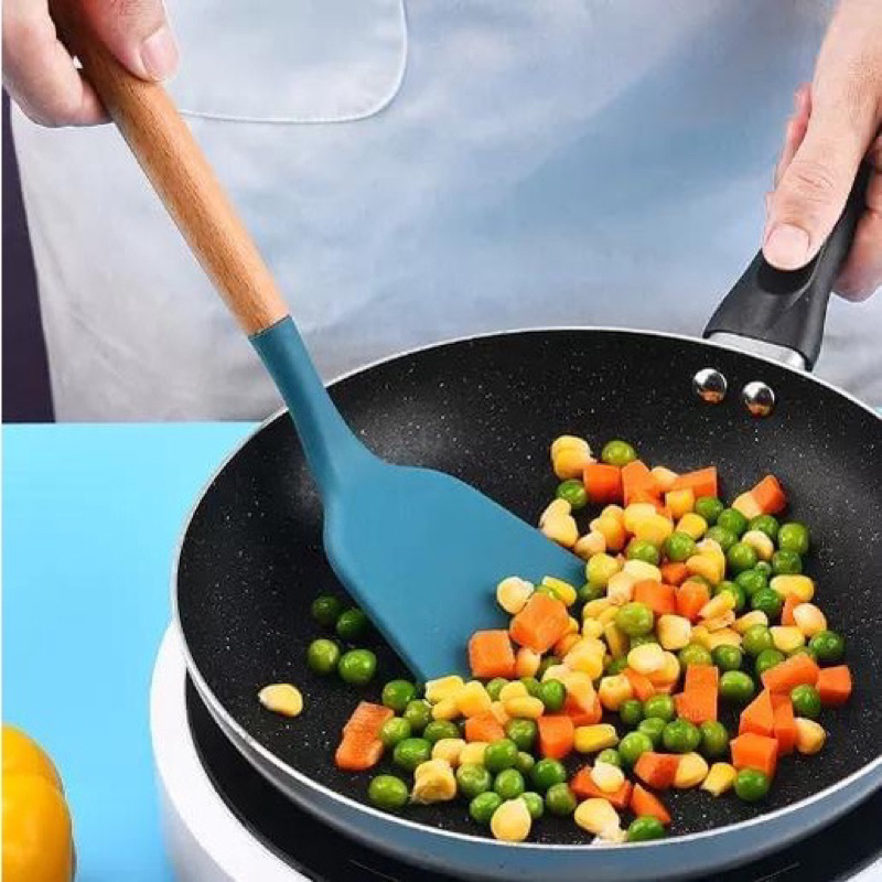 Jual [ACQ] Spatula Silikon Gagang Kayu Anti Lengket Perlengkapan Masak