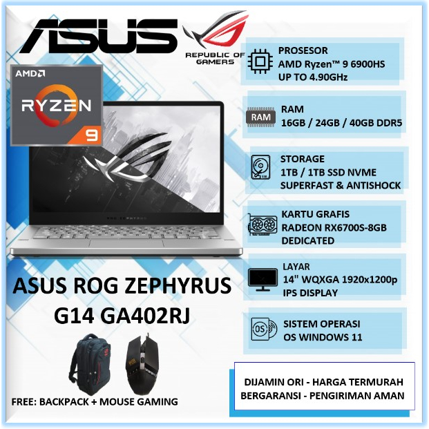 Jual Laptop Gaming ASUS ROG ZEPHYRUS G14 RYZEN 9 6900HS RAM 40GB SSD 2TB  RX6700S-8GB 14