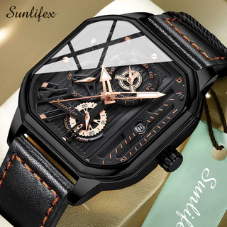 Sunlifex Jam Tangan Pria 9095 Kuarsa Olahraga Kasual Tali Kulit Pria Jam Tangan Cowok