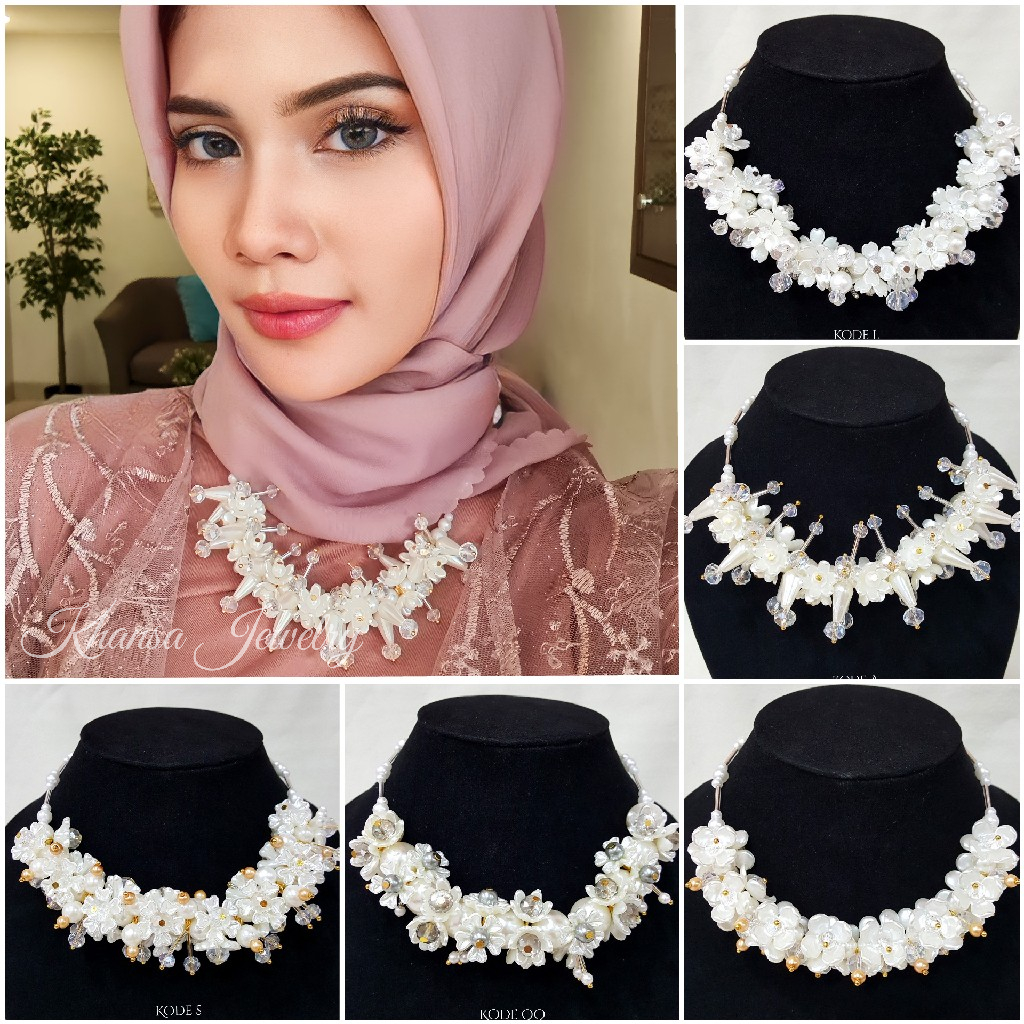 Jual Kalung Hijab Beads Necklace Crystal Kalung Kondangan Kelopak Bunga