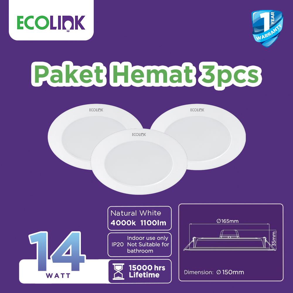 Ecolink Lampu Plafon Bulat Downlight LED 14W Putih Natural Paket 3pcs