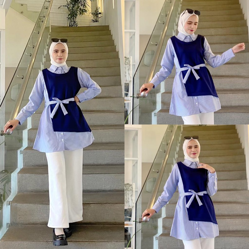 Jual Kemeja Tunik Katun Biru AQILA Wanita Muslim Kerja Casual Hits ...