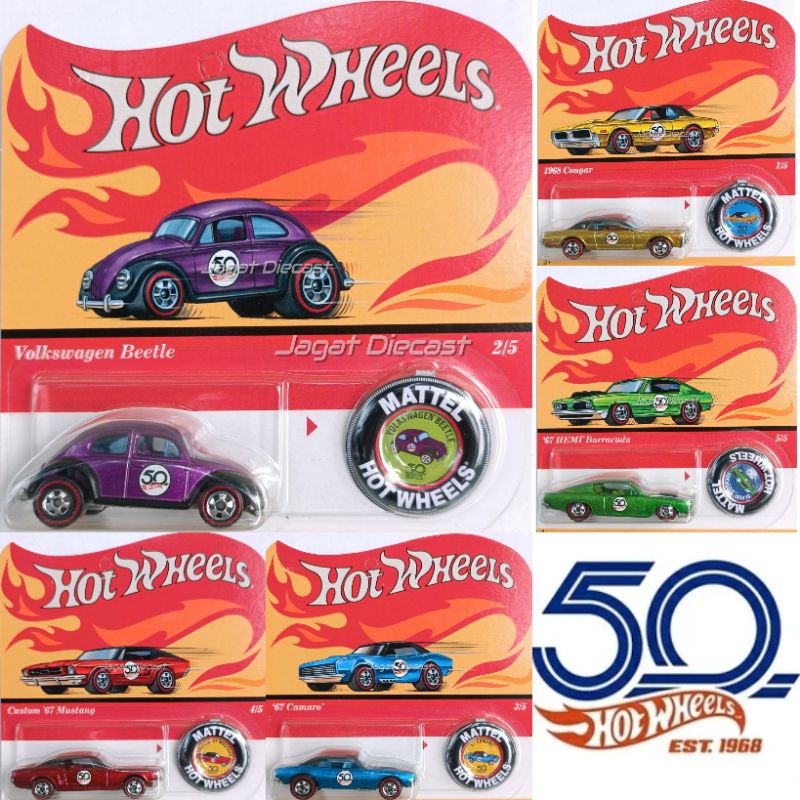 Hot Wheels Red Line 50th Anniversary Camaro 67 Mustang 67 Cougar 68  Volkswagen Beetle Hemi Barracuda 68 pcs Jagat Diecast