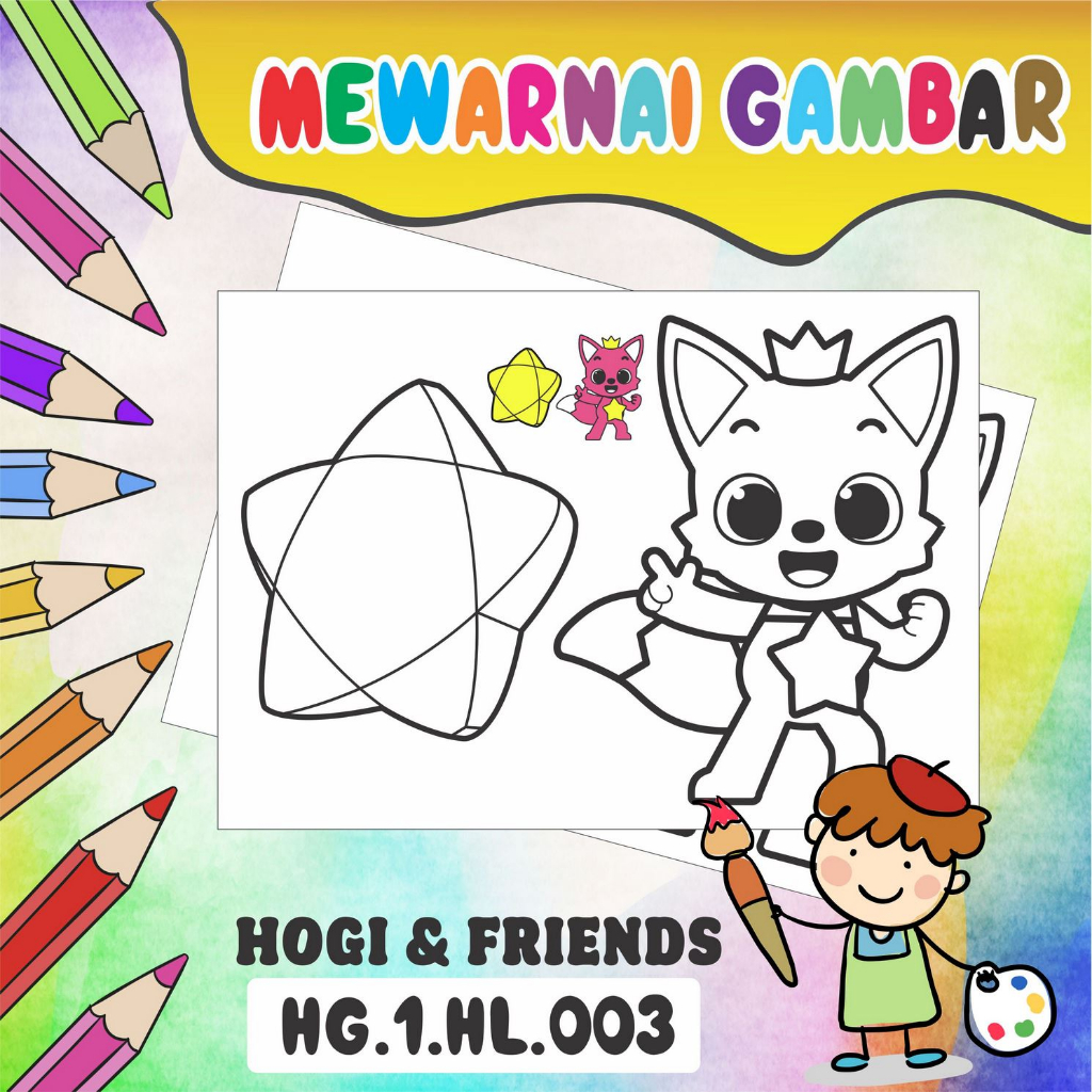 Jual kertas sketsa gambar mewarnai anak paud tk sd kartun pinkfong hogi