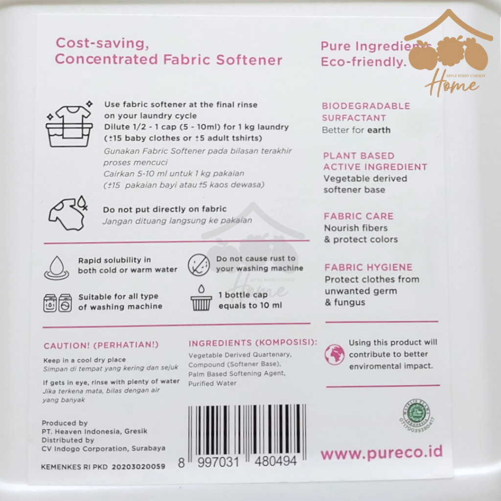 Jual pureco refill FABRIC Softener 900ml derigen 1.450ml 900 ml baju ...