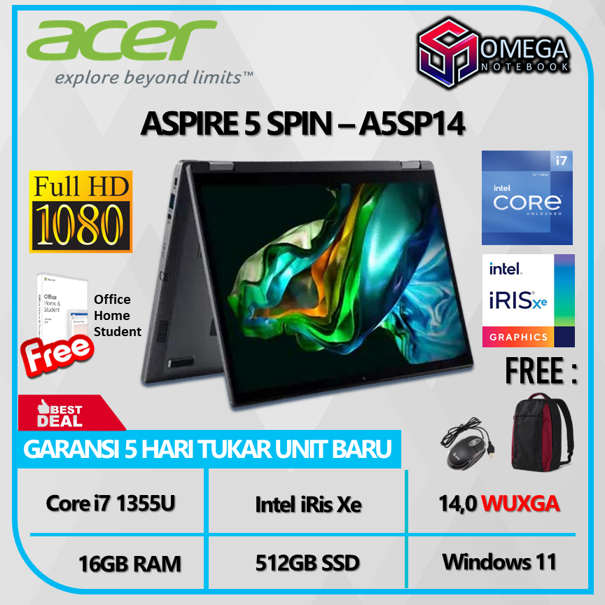 Jual ACER ASPIRE 5 SPIN A5SP14 51MTN I7 1355U 16GB 512GB IRis Xe 14 0