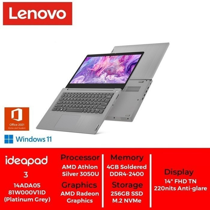 Jual LAPTOP LENOVO IDEAPAD 3 14ADA05-V1ID (AMD ATHLON 3050U 4GB 256GB ...