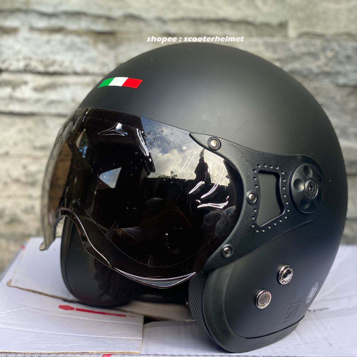Jual Helm vespa retro classic hitam dop + visor | Shopee Indonesia