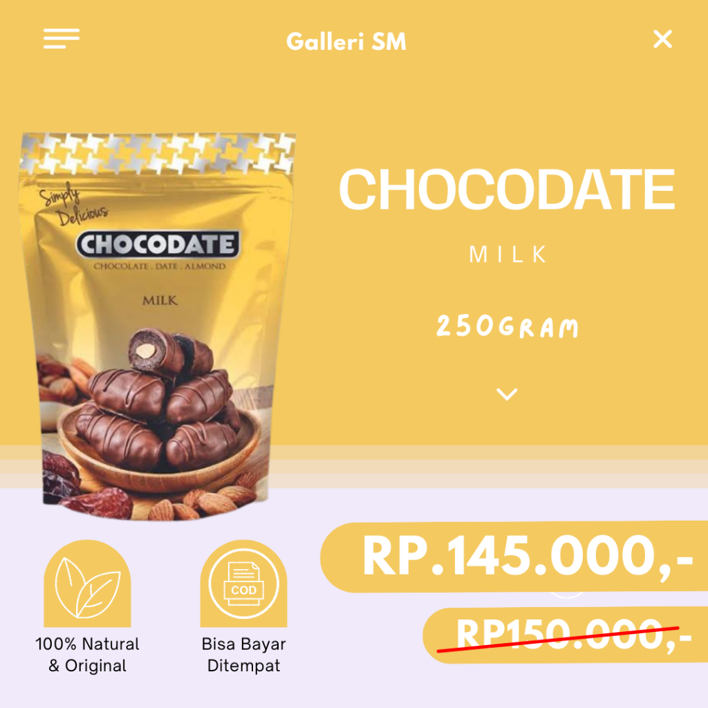 Jual Chocodate Milk 250gr Cemilan Berlapis Cokelat Kurma Isi Almond Original Shopee Indonesia 9211