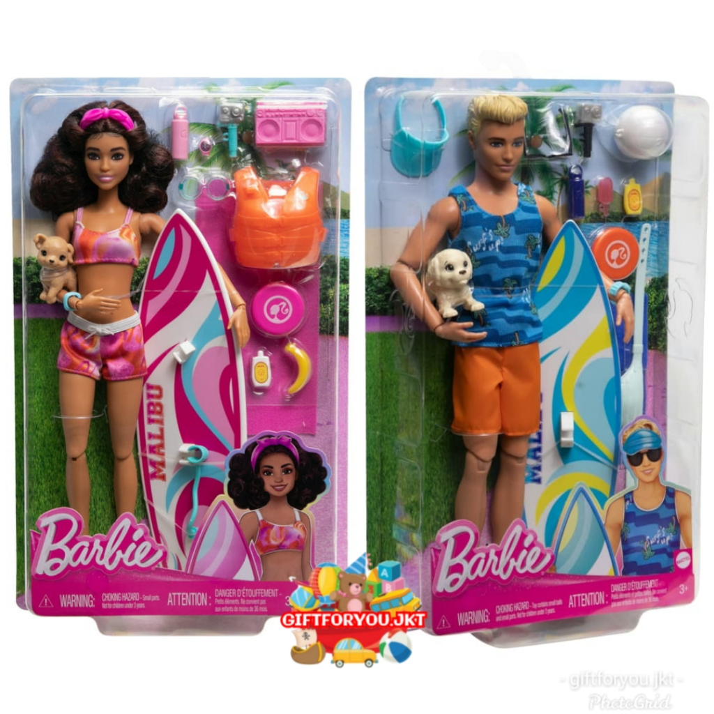 Barbie Doll with Surfboard and Puppy, Poseable Brunette Barbie