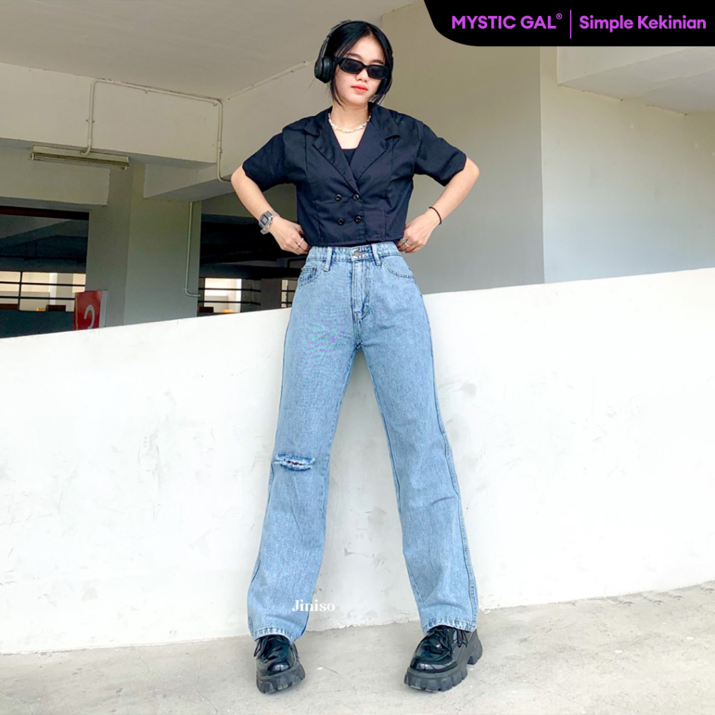 Jual JINISO - Highwaist Loose Ripped Jeans 844 MYSTIC GAL