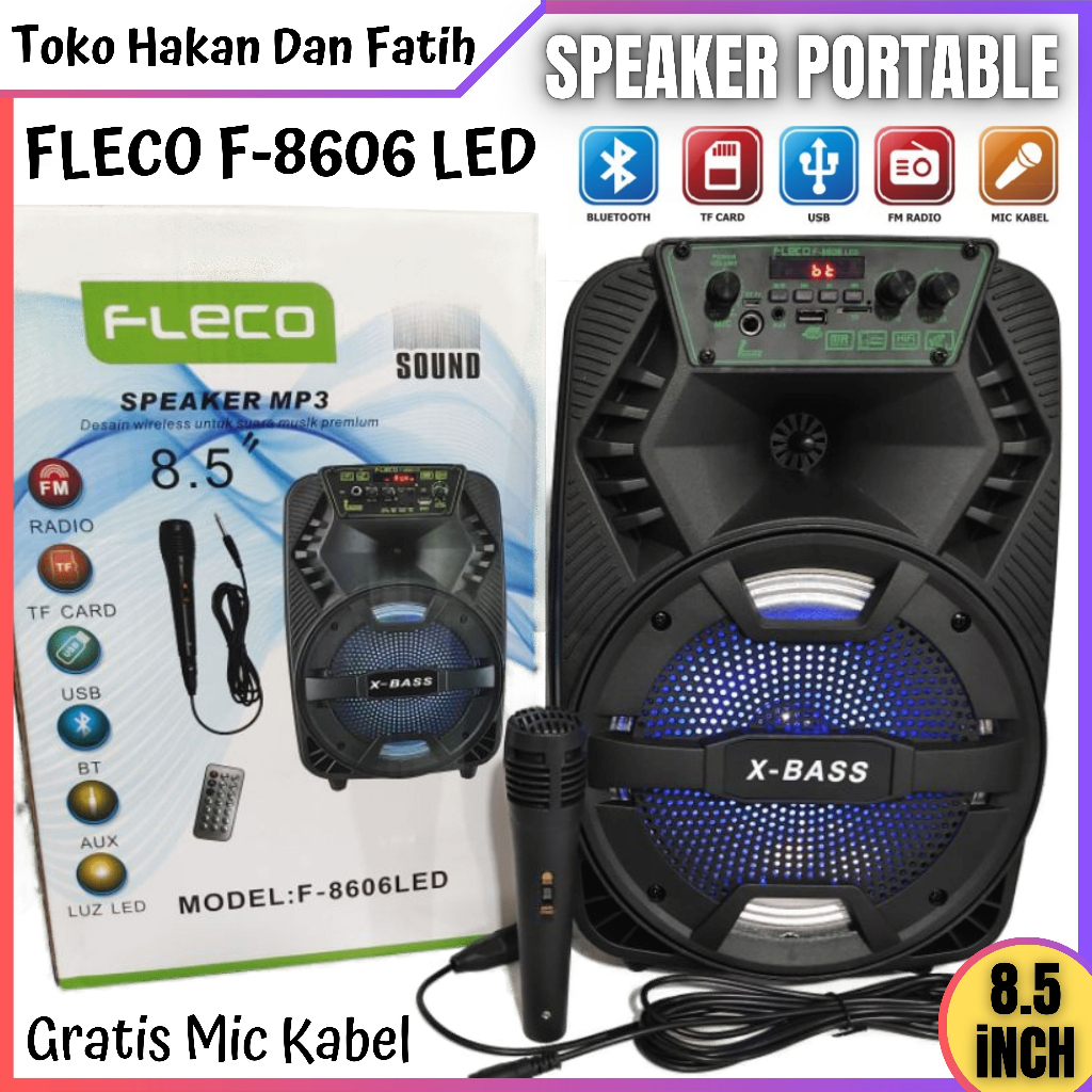 Jual Speaker Bluetooth Portable Fleco F8606 LED 8,5 Inchi Bonus Mic