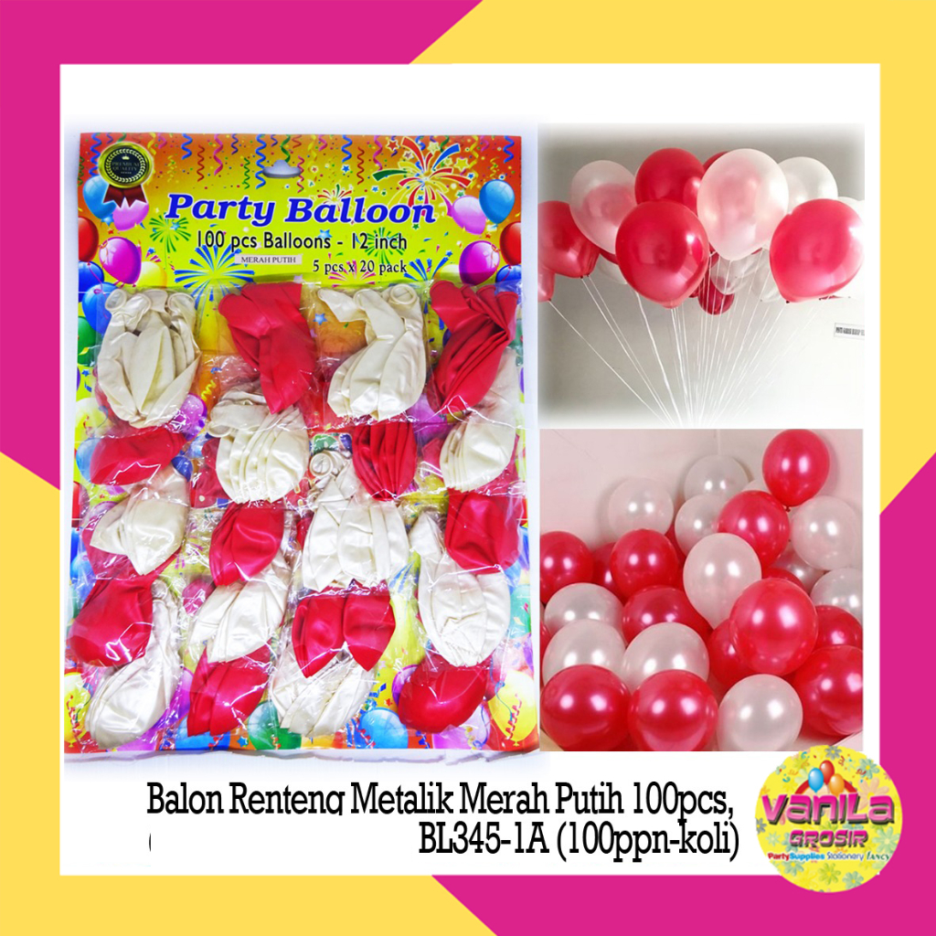 Jual (100Pcs) Balon Renteng Metalik Merah putih, balon kemerdekaan ...
