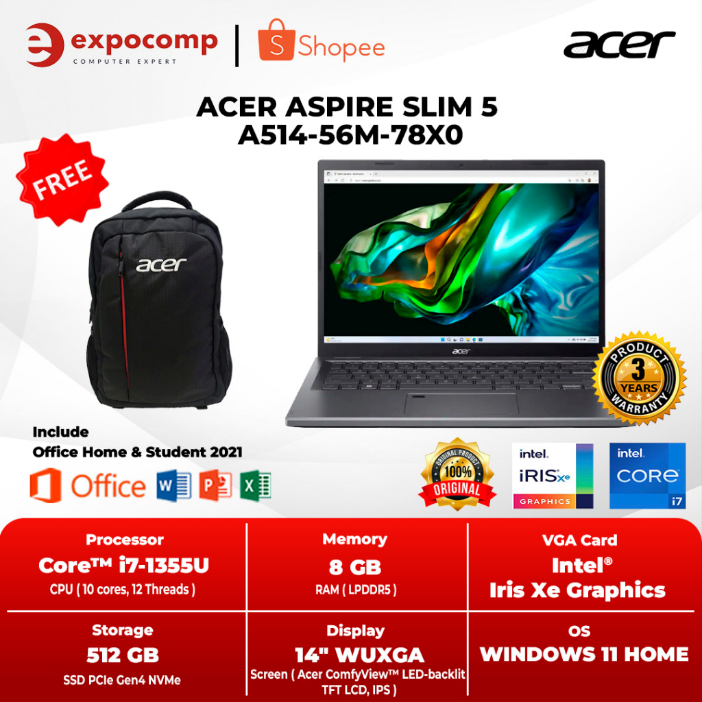 Jual Acer Aspire Slim 5 A514 56m 78x0 Grey Core I7 1355u 8gb 512gb W11 Ohs Shopee Indonesia