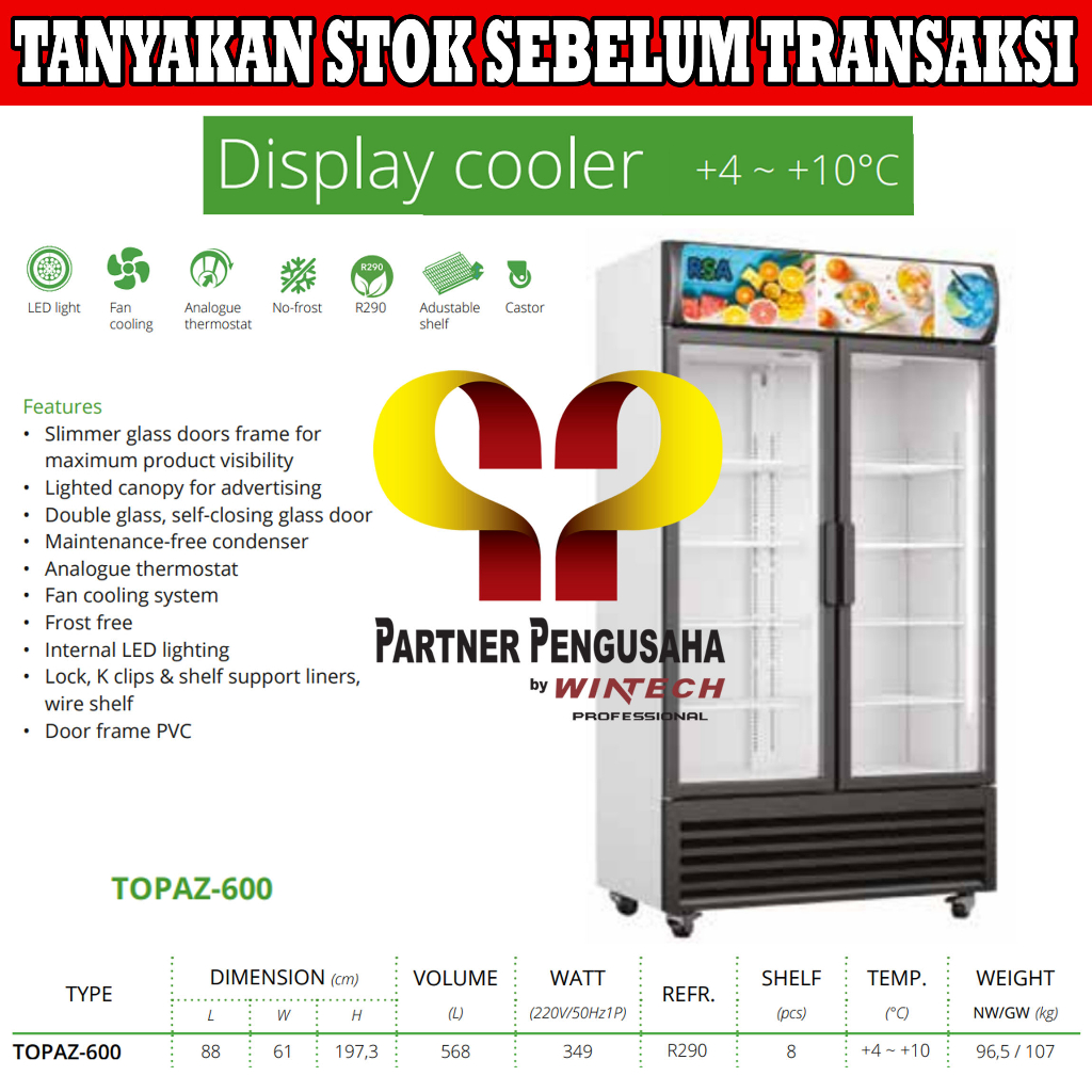 Jual RSA TOPAZ-600 Showcase 2 Pintu Display Cooler Lemari Pendingin ...