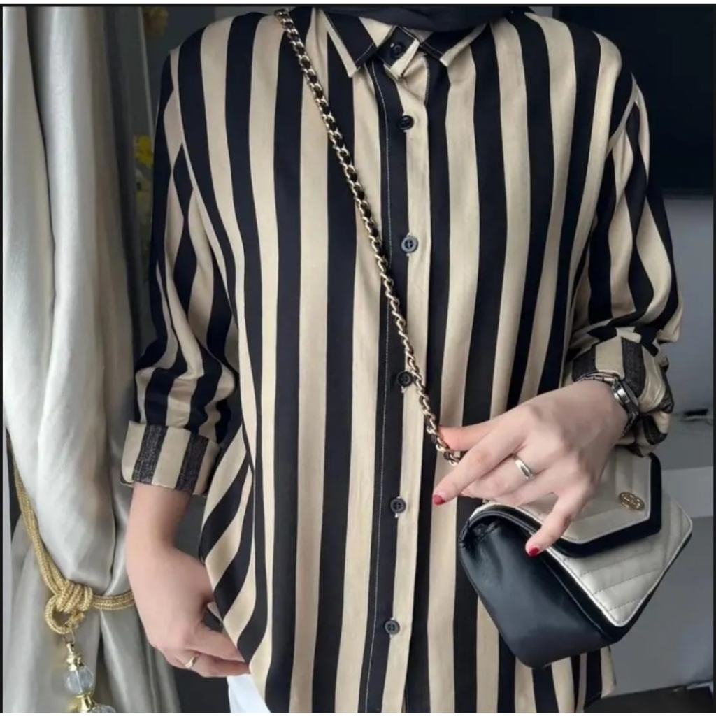 Jual Kemaja Salur Katun Premium Jumbo / Kemeja Wanita Lengan Panjang M ...