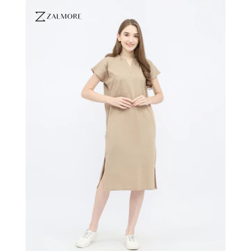 Zalmore Vneck Loose Midi Dress With Slit LUMA Cotton™ Premium Dress Wanita Lembut Ringan Sejuk