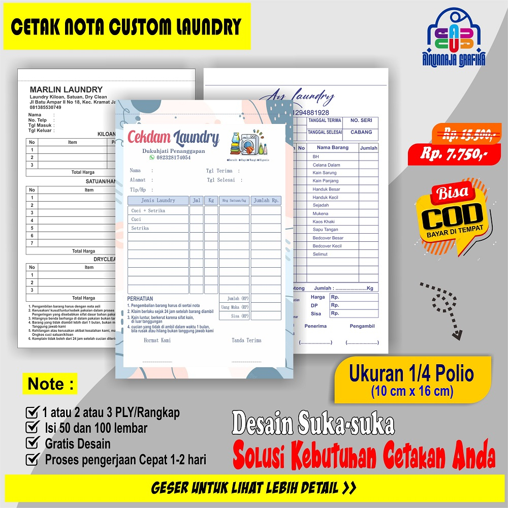 Jual Nota Laundry Custom 1 Atau 2 Atau 3 Rangkap Cetak Nota Laundry