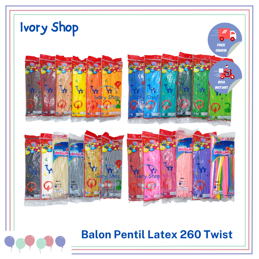 Jual Balon Pentil Latex 260 Twist Balloon 1 Pack Isi 100 Bh Balon Cacing Panjang Doff Dunpai 0344