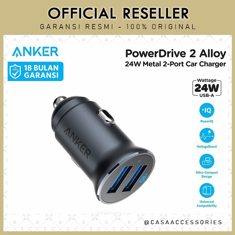 Jual Anker Powerdrive 2 Car Charger Mobil 24W 12W Dual Port USB-A
