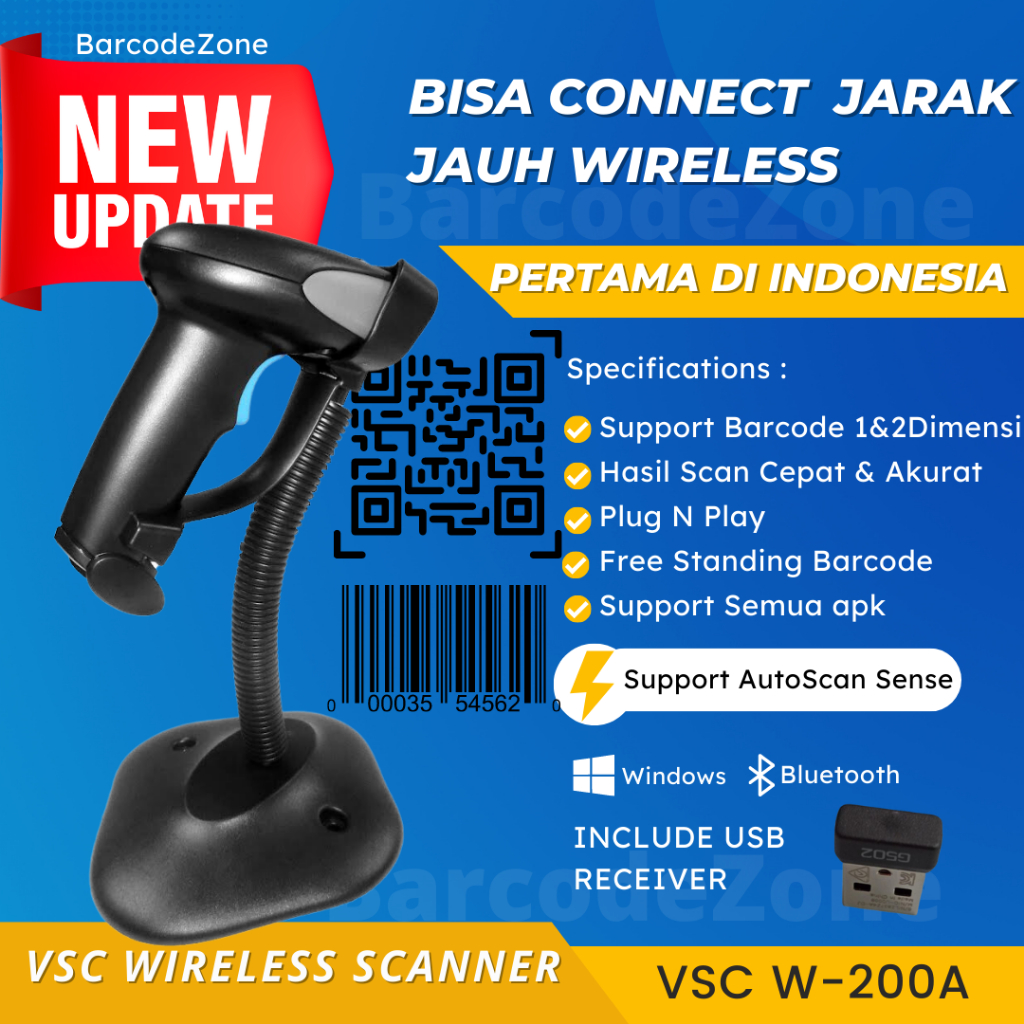 Jual 2D WIRELESS BARCODE SCANNER VSC W-200A WITH STAND AUTO SENSE ...