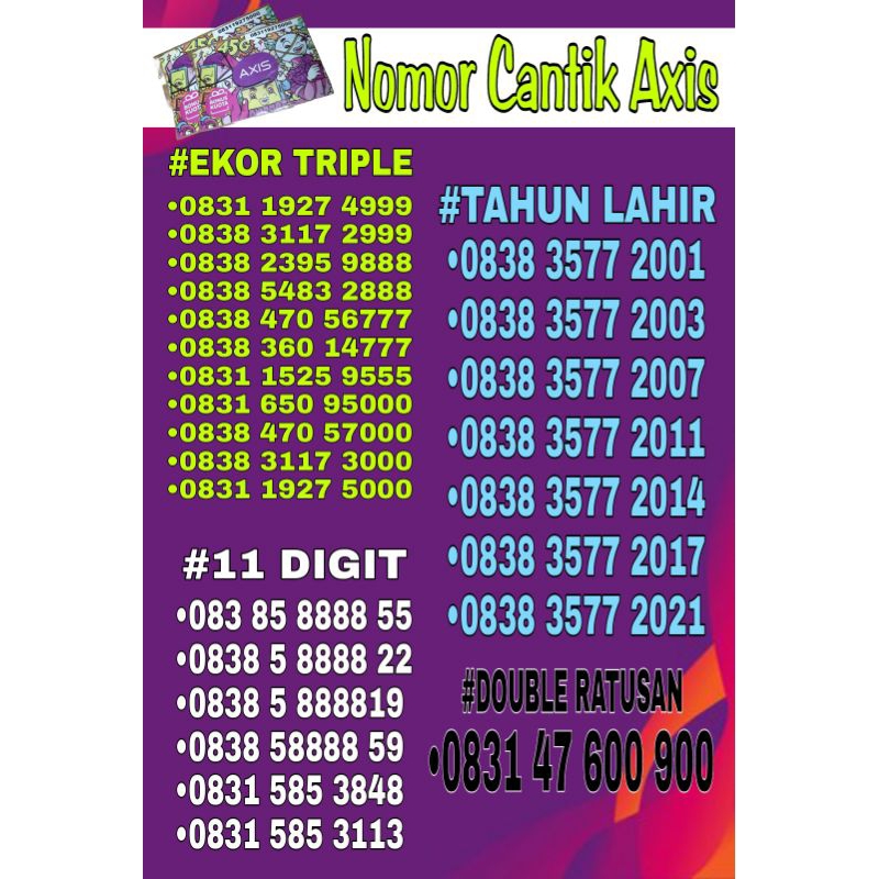 Jual Nomor cantik kartu perdana axis angka rapi Ekor Triple 7/8/9/0 ...