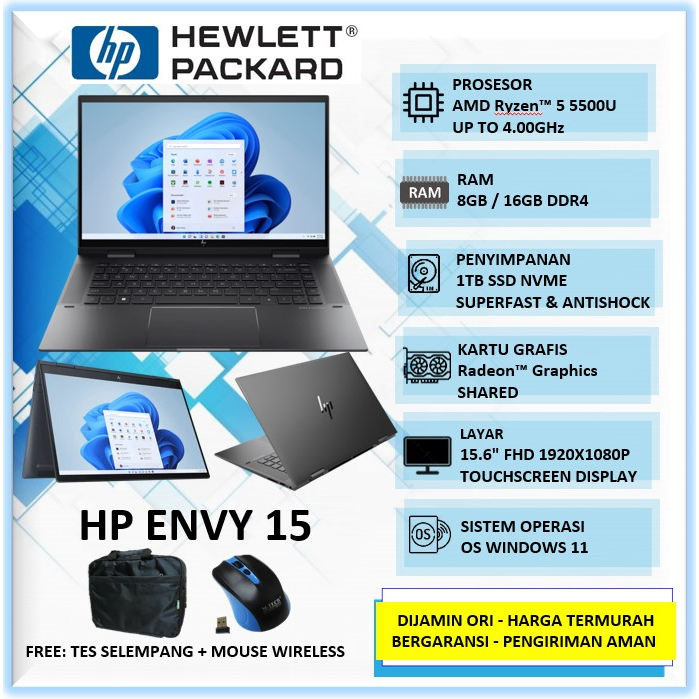 Jual Laptop Touchscren 2in1 Flip HP Envy X360 Ryzen 5 5500U Ram 16GB